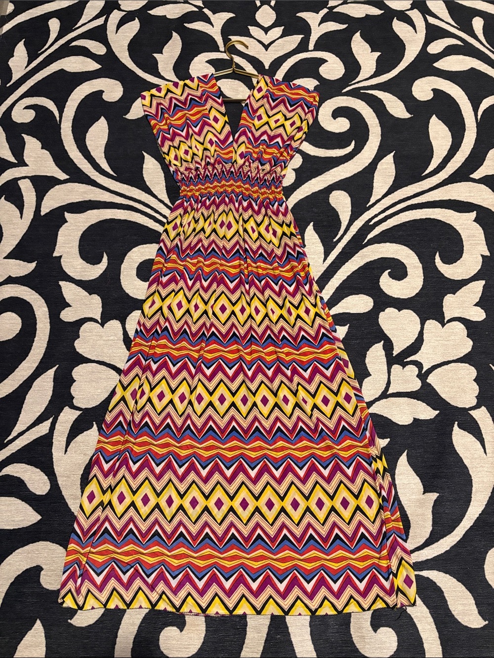 Vibrant Geometric Maxi Dress in Yellow, Pink & Blue